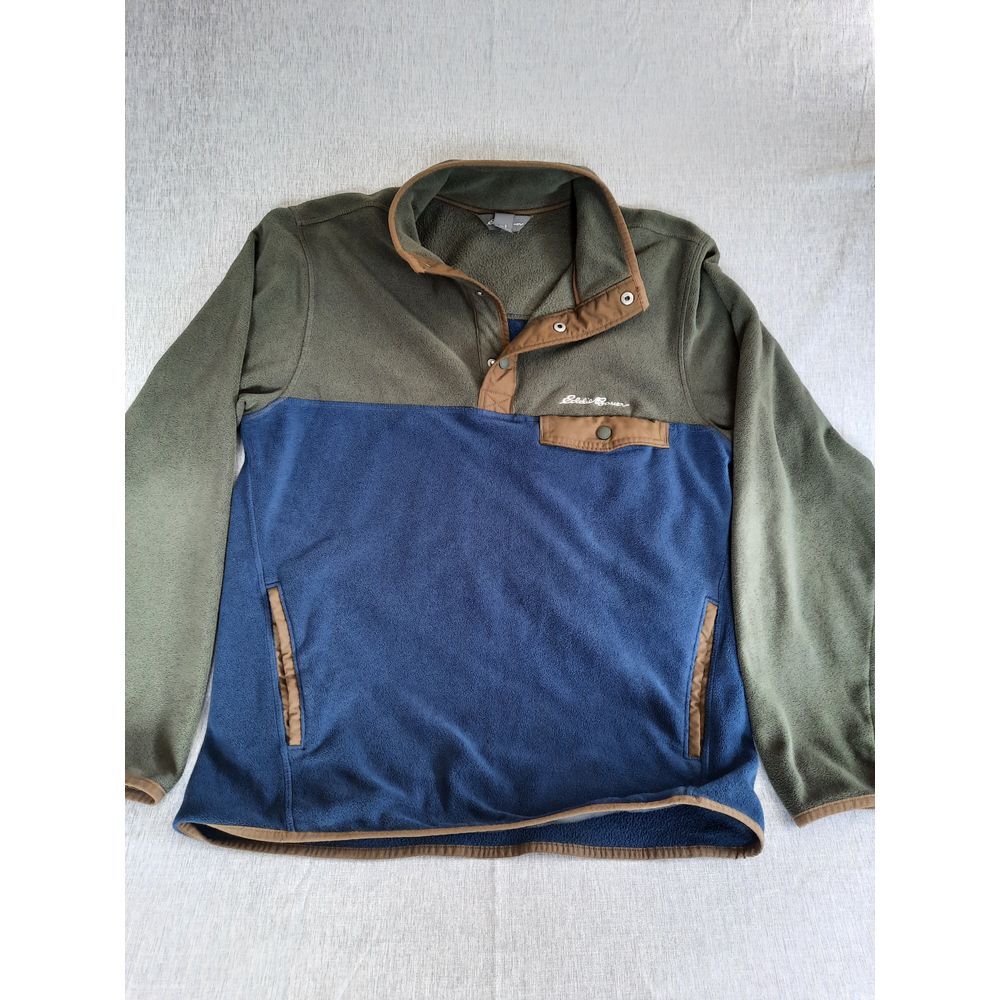Eddie‎ Bauer Men Small Snap Buttons Pocket Fleece Sweater Military Green/Blue